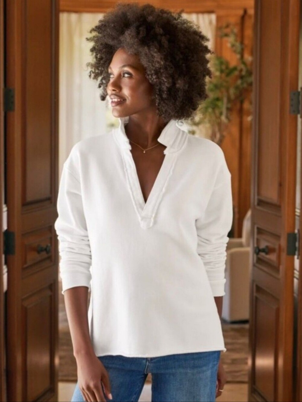 NWOT Frank & Eileen Patrick Popover Henley Triple Fleece White Top